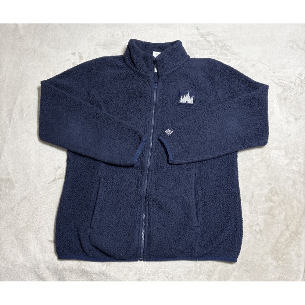 Disney Parks Sherpa Fleece Jacket Womens Medium Navy Blue Full Zip Castle Logo